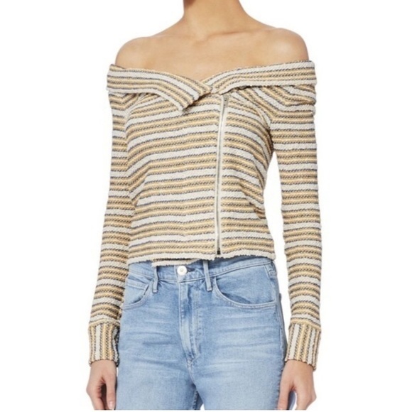 IRO Vana Stripe Knit Off Shoulder Shawl Collar Asymmetric Zip Up Jacket 36 Small - Picture 1 of 14